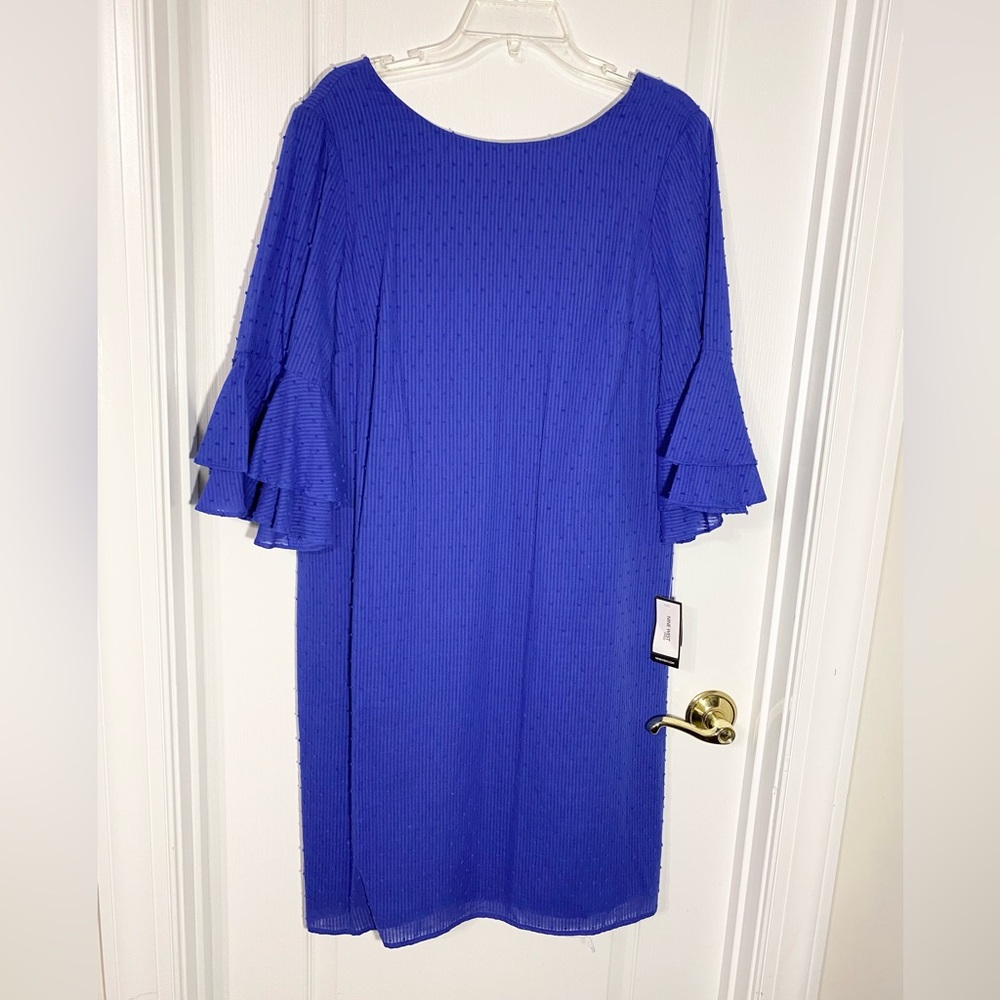 Nine West Ruffle Bell Sleeve Tonal Stripe Swiss Dot V Back Dress Blue Size 14